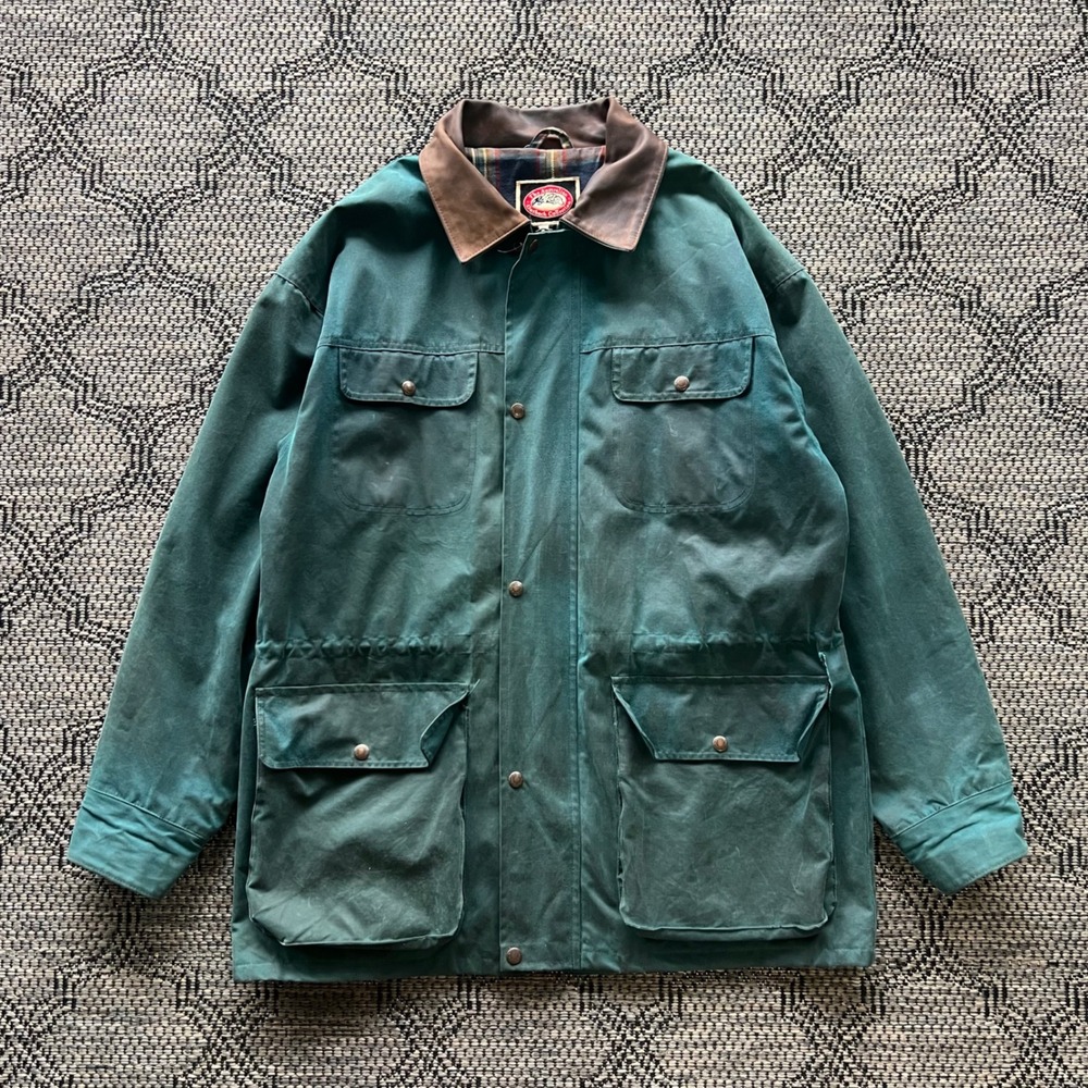 Vintage Australian Outback Jacket Mens Large Green Oilskin Waxed Cotton Field